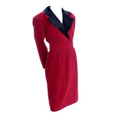 1980s YSL Red Wool Vintage Dress With Black Satin Trim 