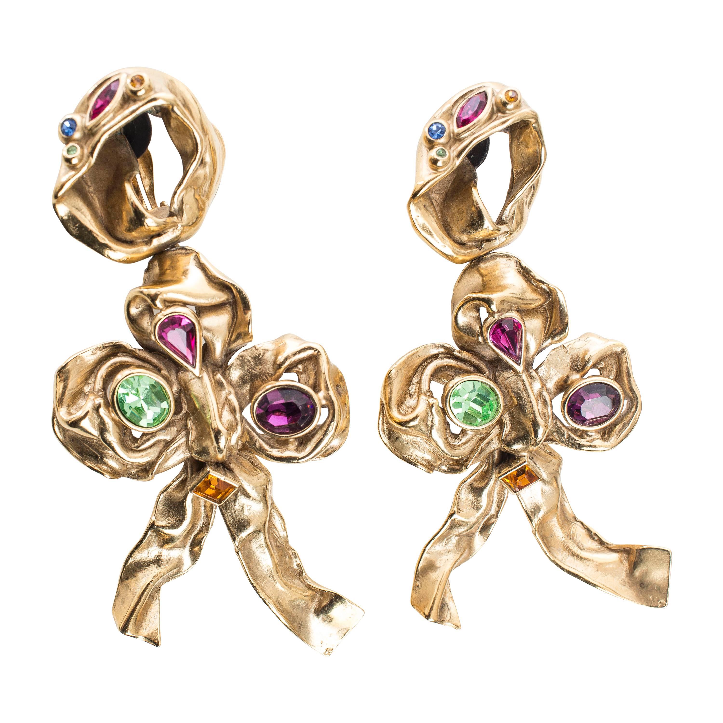 Yves Saint Laurent Massive Gilt Leaf Earrings With Faceted Stones, Circa 1980's For Sale