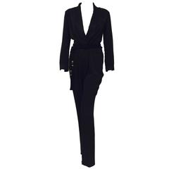 Gucci Black Silk Tuxedo Jumpsuit With Rope Belt and Bamboo Tassels