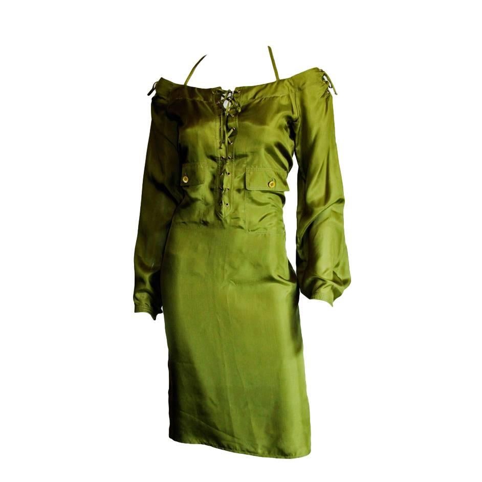 Heavenly Green Silk Tom Ford YSL Rive Gauche SS 2002 Safari Collection Dress!