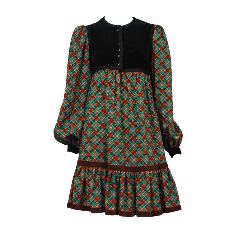 Yves Saint Laurent Green Plaid Peasant Dress For Sale