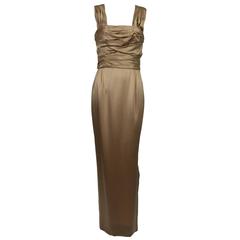 James Galanos pale gold hammered silk satin shirred bodice goddess gown 1990s 10
