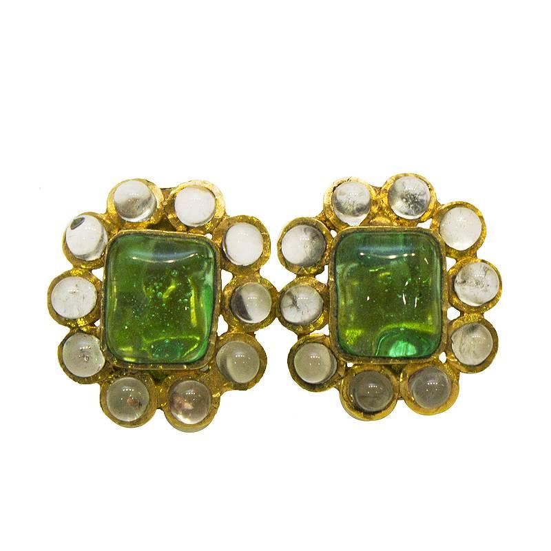 1960's Chanel Green Poured Glass Earrings 