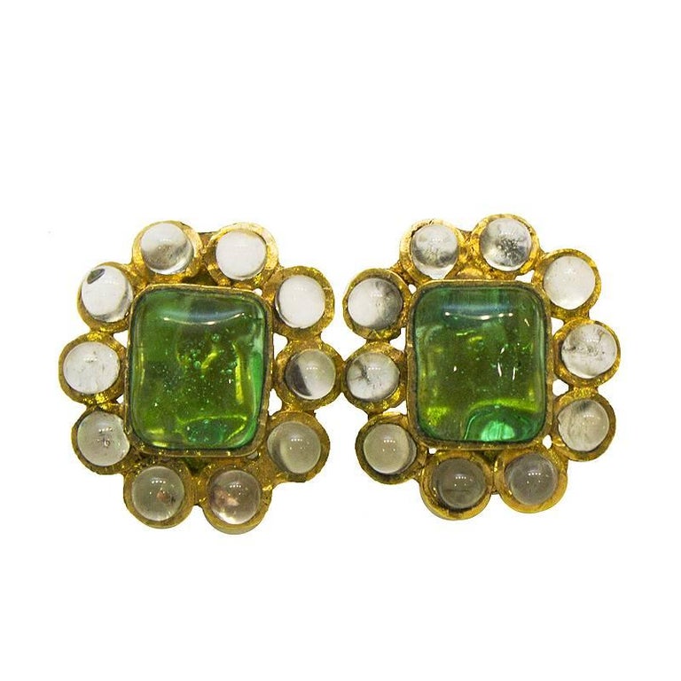 1960's Chanel Green Poured Glass Earrings at 1stDibs