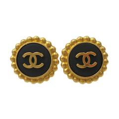 Chanel Vintage CC Round Button Gold Black Earrings