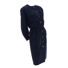 Vintage YSL Dress 1980s Navy Blue Wool Yves Saint Laurent Rive Gauche