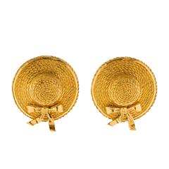 Chanel 90s Gold Tone Straw Sun Hat Earrings 