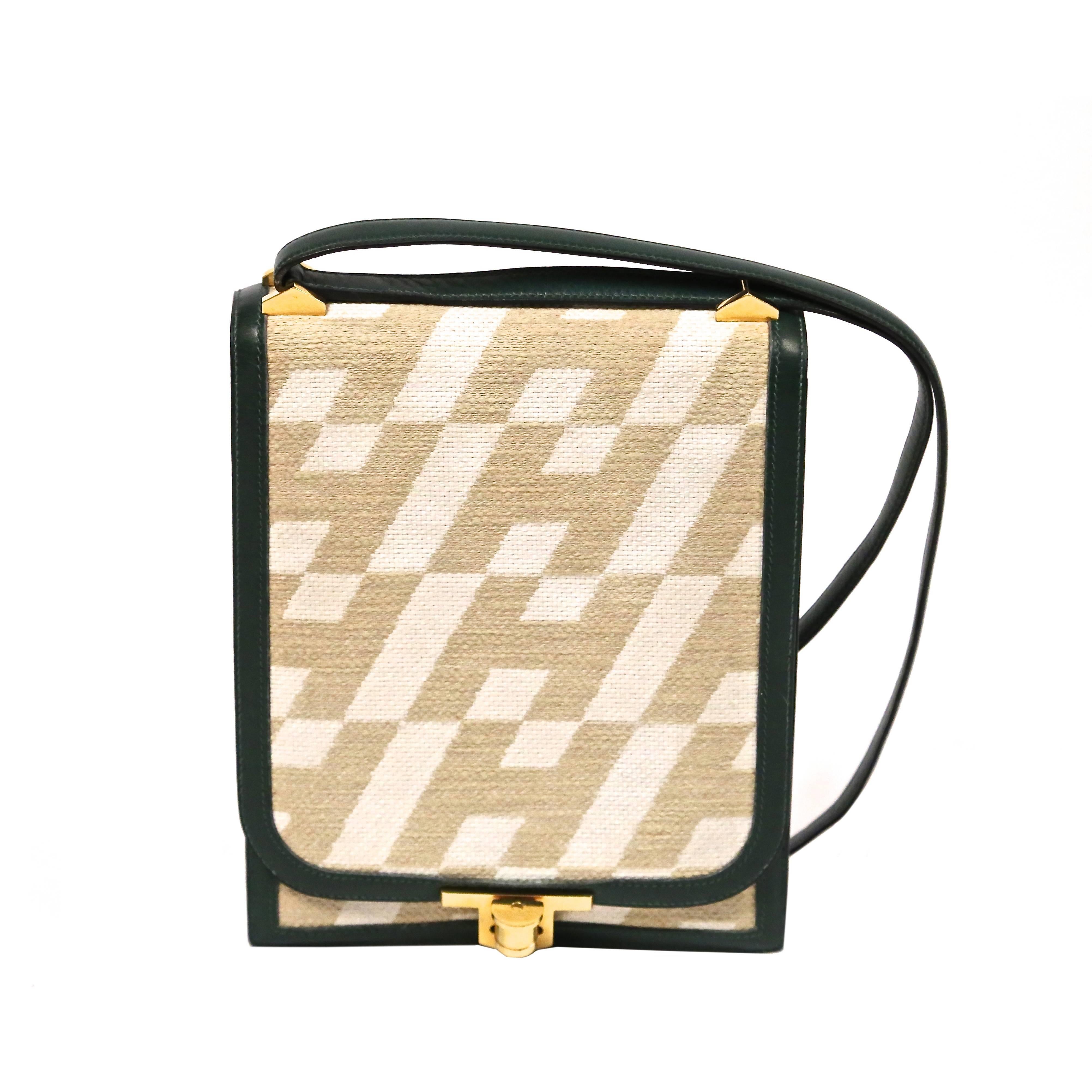 1970 HERMES canvas and green leather 
Ulysse
 collection bag