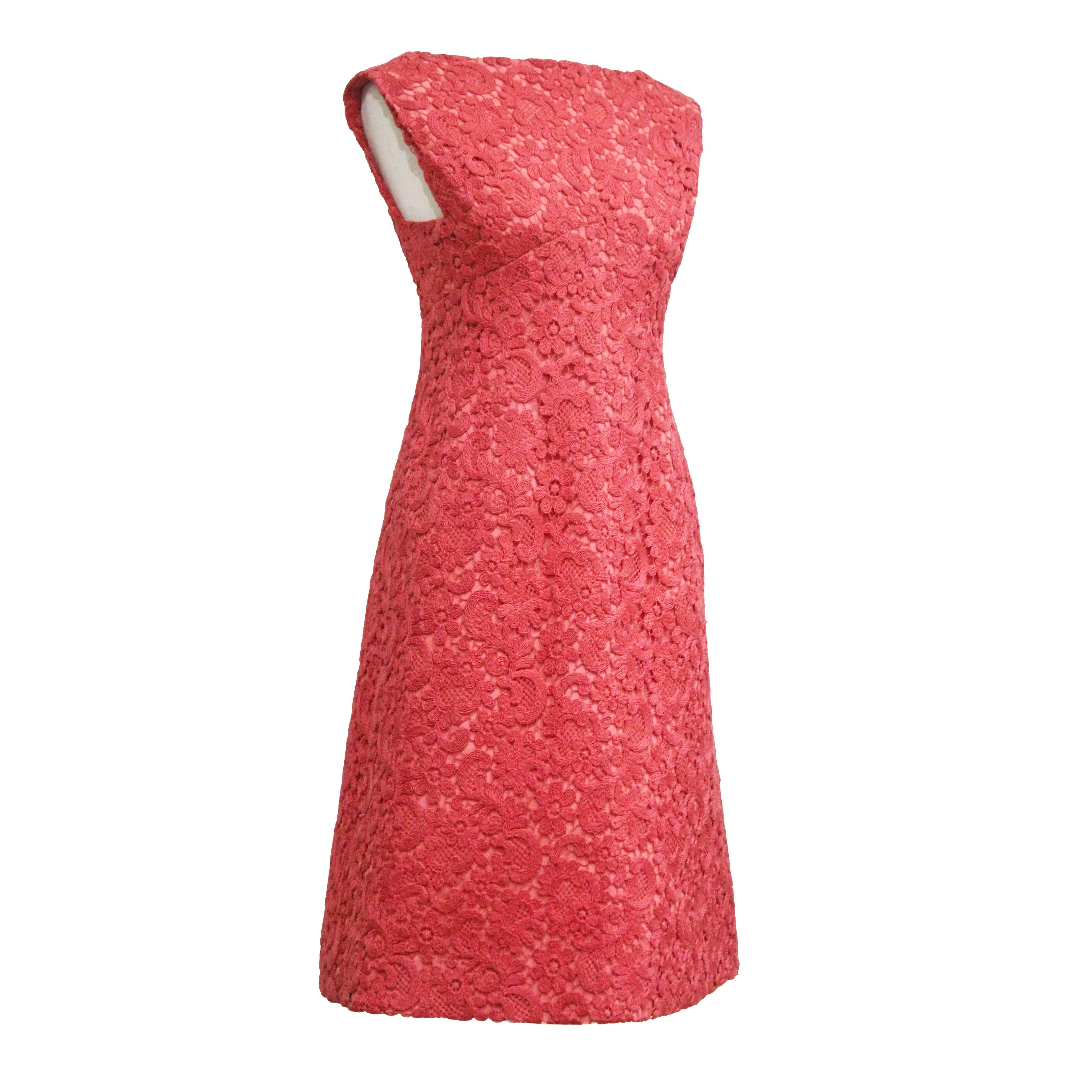Rose Bertin haute couture macrame lace coral a-line dress, c. 1960s 