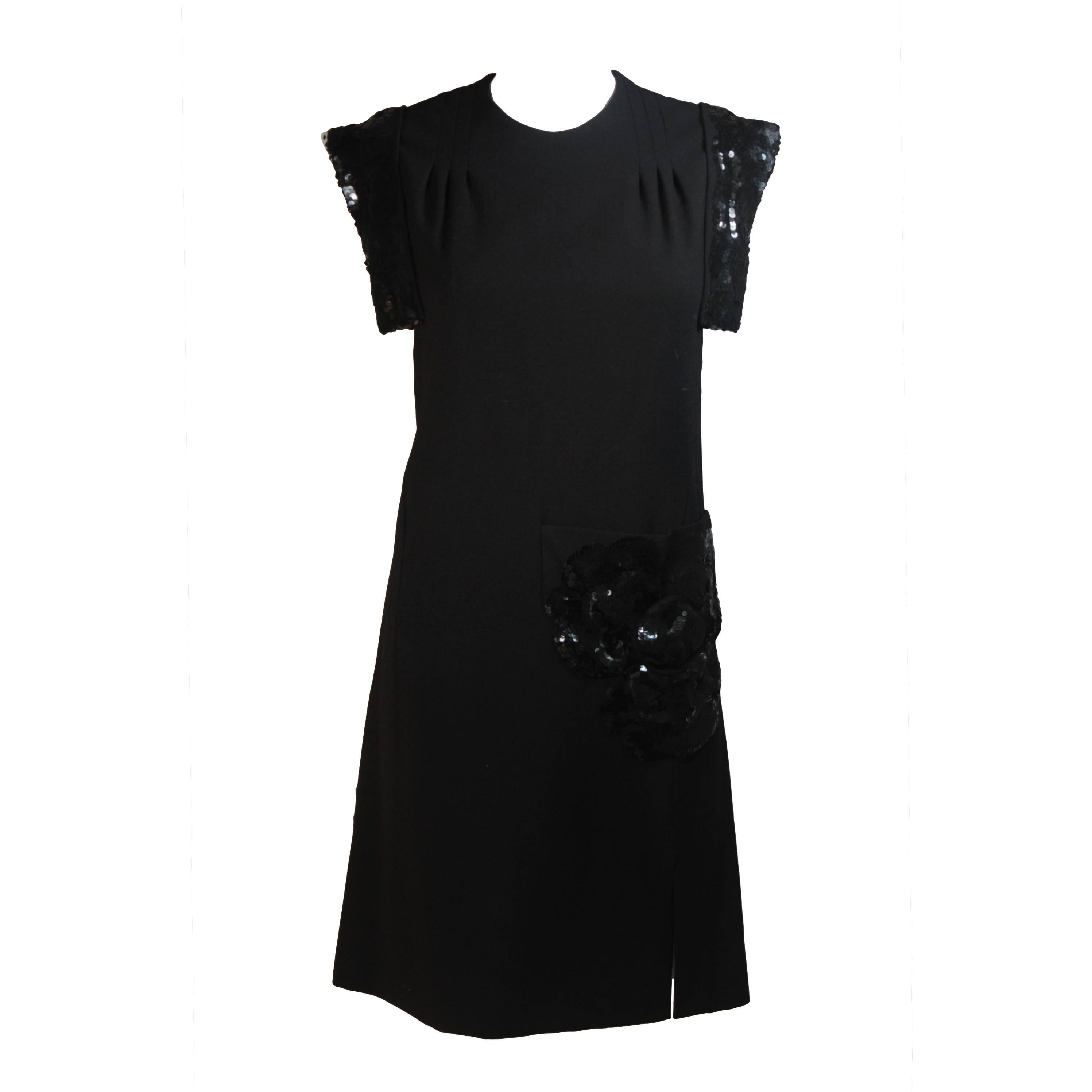 CARVEN COUTURE PARIS 1960's Black Sequin Dress with Structured Shoulders Size 2