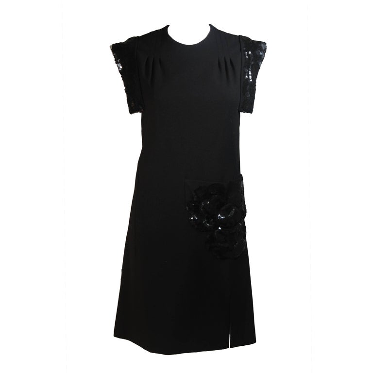 CARVEN COUTURE PARIS 1960's Black Sequin Dress with Structured Shoulders  Size 2 For Sale at 1stDibs