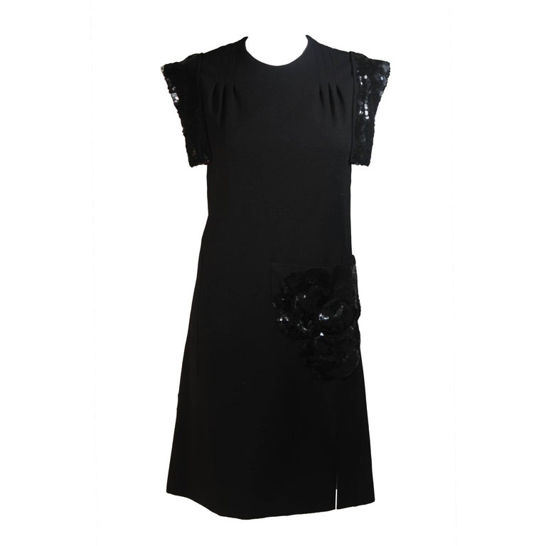 carven sequin dress CARVEN COUTURE PARIS 1960's Black Sequin Dress with Structured Shoulders  Size 2