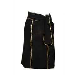 YVES SAINT LAURENT Black Suede Skirt with Gold Detail and Belt Size 36