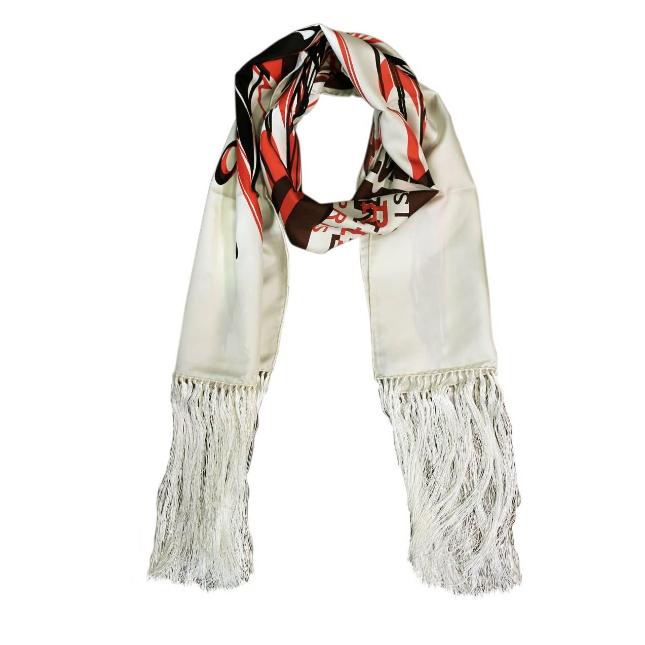 Hermes Caleche Elastique 100% Silk Fringed Cream/Red/Black Scarf