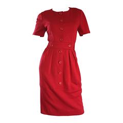 Vintage Oscar de la Renta Chic Red Short Sleeve Lipstick Red Dress 