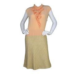 Chanel Peach Silk & Tweed Dress With Ruffle Neck Tie 4