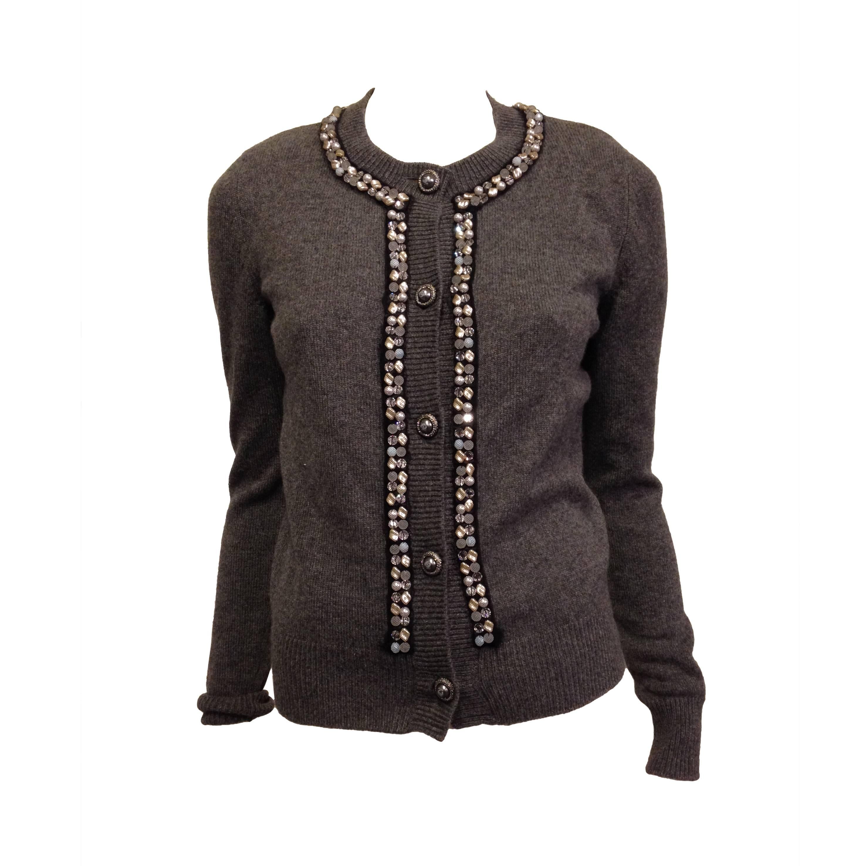 Chanel Grey Cardigan with Glass Beads For Sale