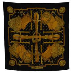 Hermes Black & Gold 'Selles A Housse' 90cm Silk Scarf