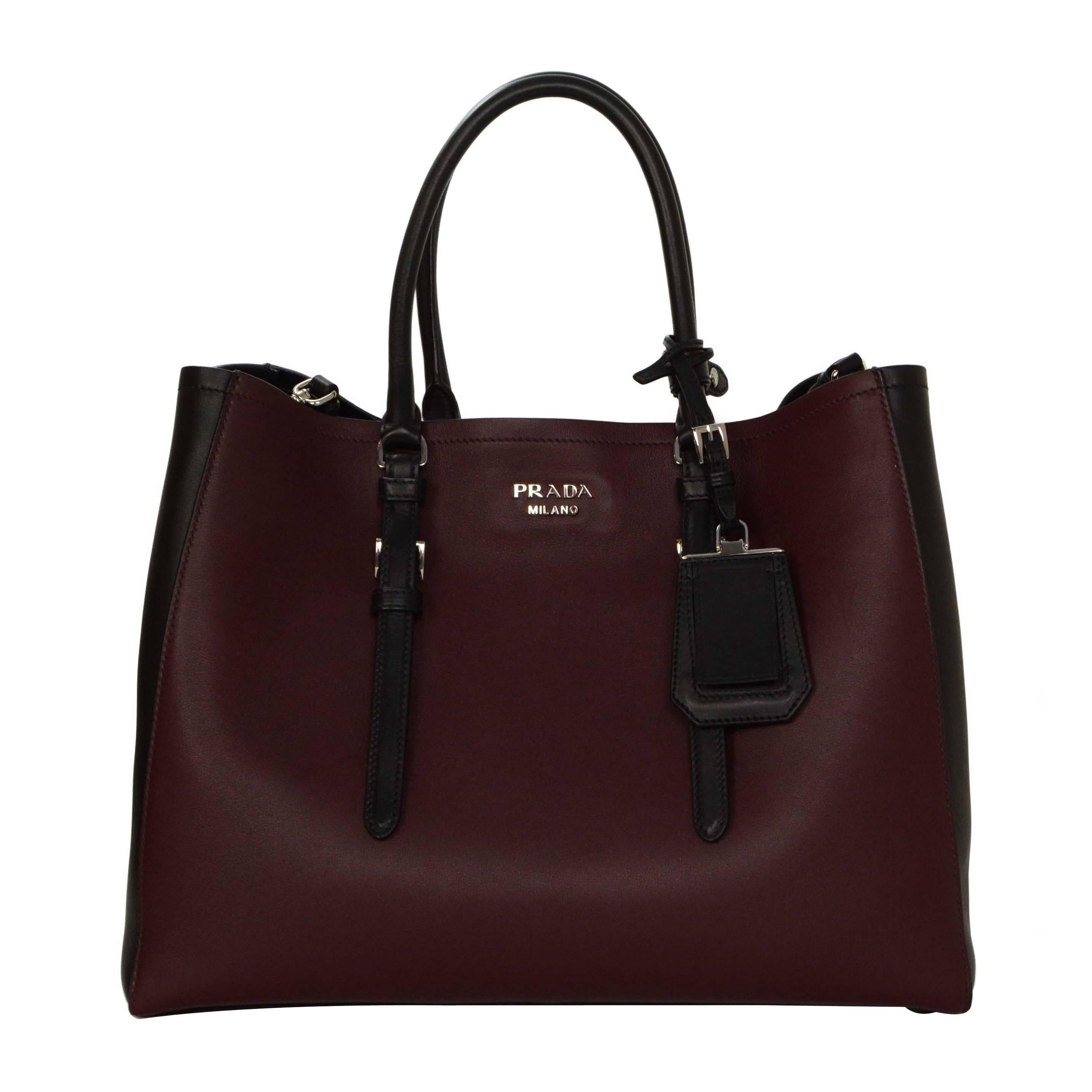 Prada '15 Black & Burgundy Calfskin City Double Tote SHW