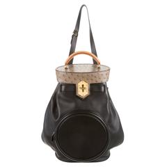 Retro Hermes Ostrich Leather Black Tan Gold Hardware Top Handle Bucket Shoulder Bag