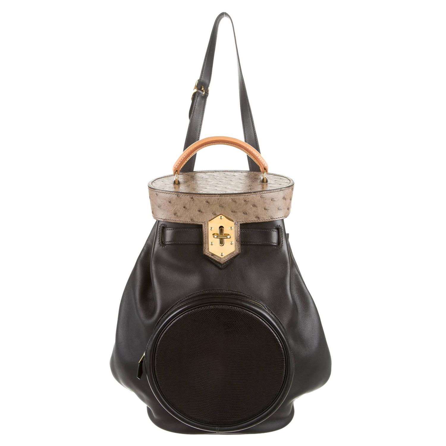 Hermes Ostrich Leather Black Tan Gold Hardware Top Handle Bucket ...
