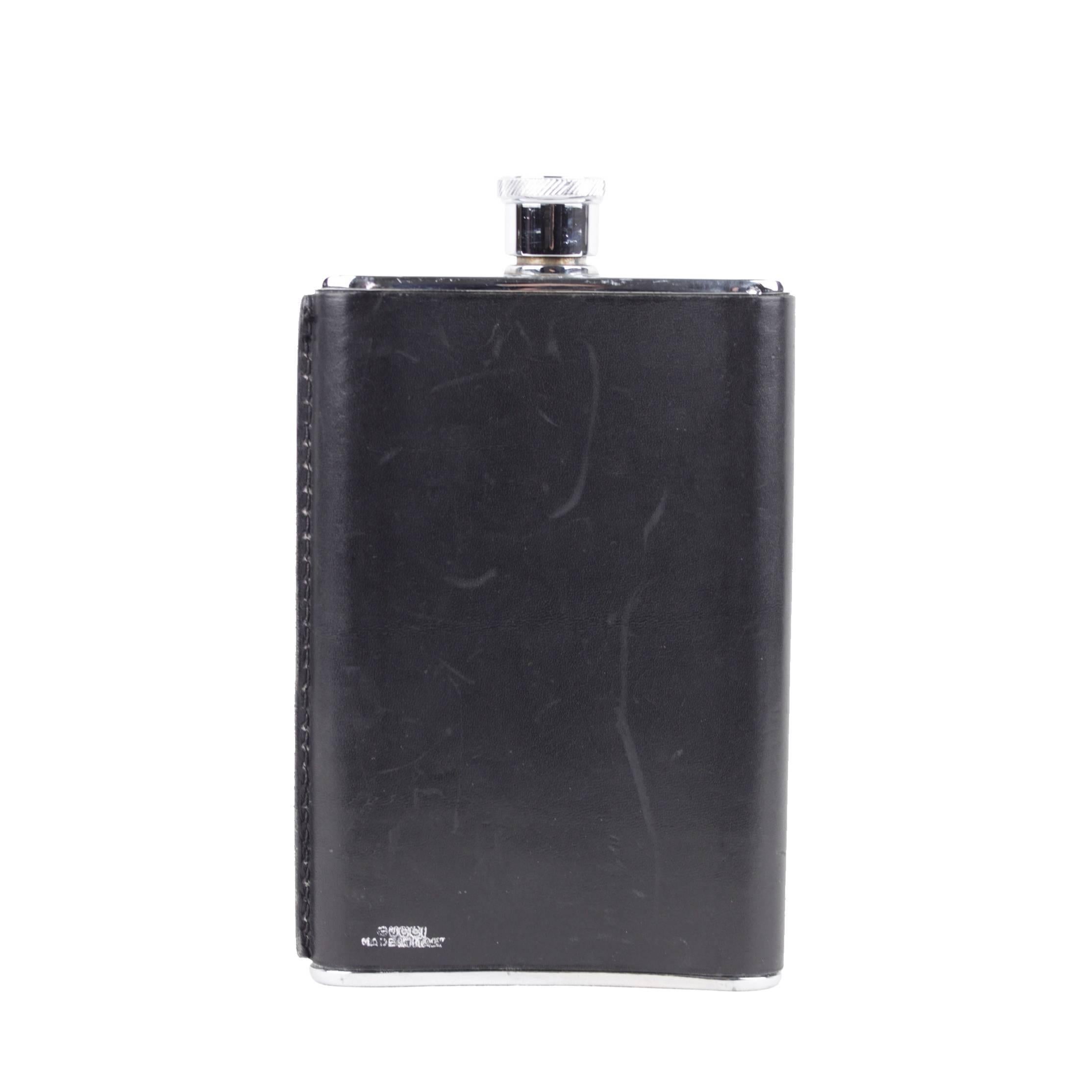 GUCCI Italian VINTAGE Black Leather 
Silver Plated HIP FLASK Bottle