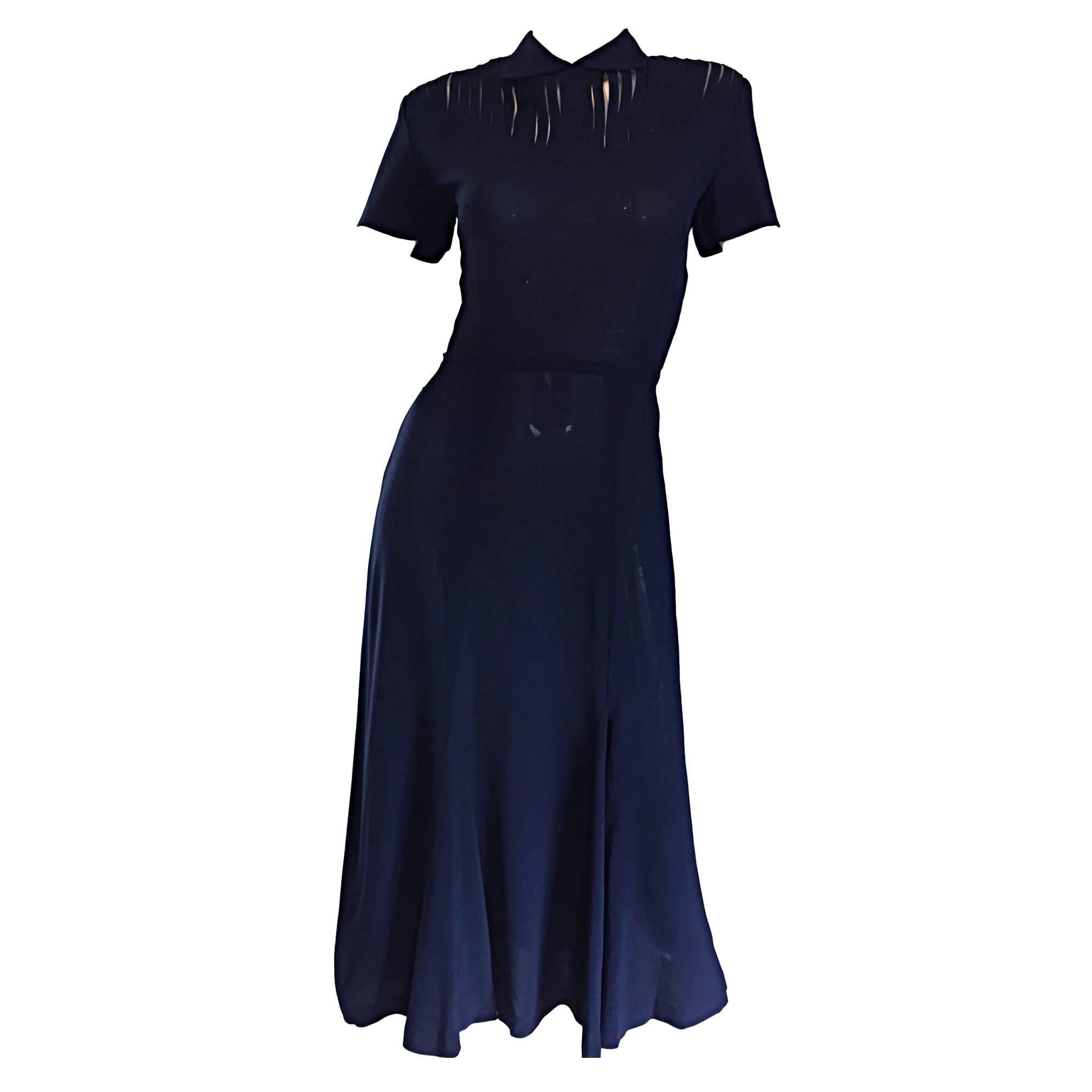 Chic 1940s 40s Navy Blue Crepe + Nude Illusion Vintage Day Dress