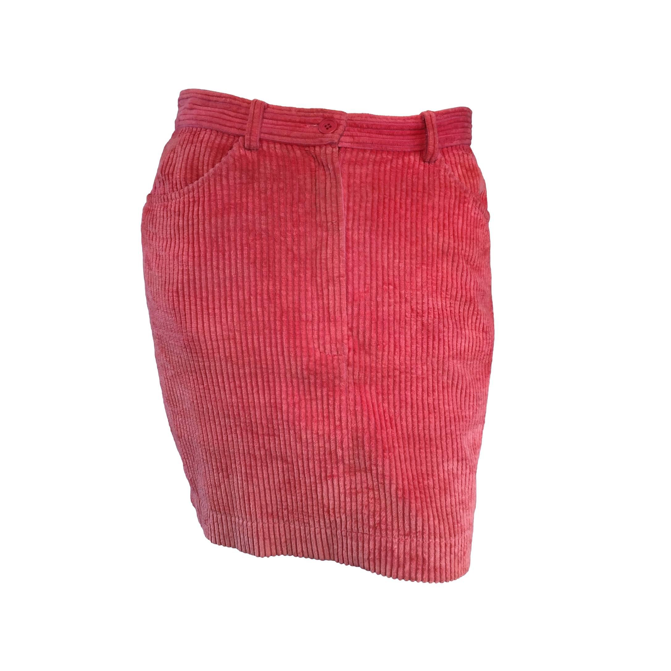 Vintage Kenzo Coral Pink Corduroy 1980s 80s Mini Skirt  For Sale