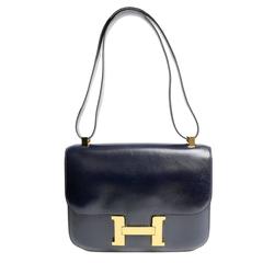 Vintage  Hermès Navy Box Calf 23 cm Constance Bag with Gold