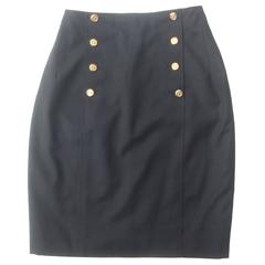 Chanel Boutique Dark Blue Wool Pencil Skirt with Chanel Buttons c 1990s