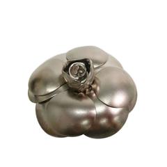 Chanel Camellia Flower Silver Metal Pin Brooch