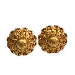 Retro Chanel Gold Tone Flower Button Earrings