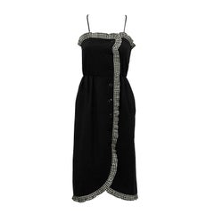 1980er Victor Costa Schwarzes Kleid mit Gingham-Besatz