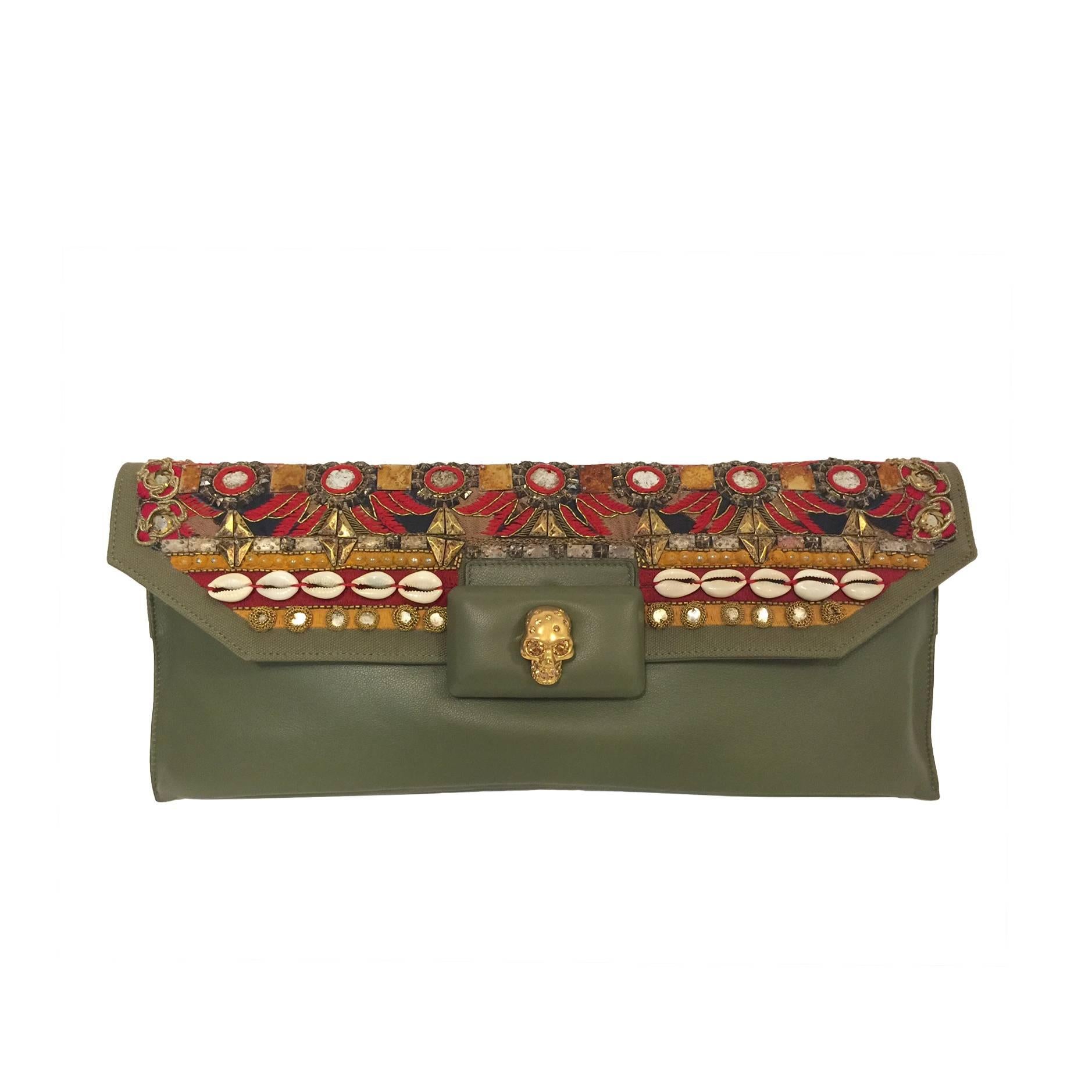  Alexander McQueen Embroidered Olive Green Leather Clutch Gold Skull 