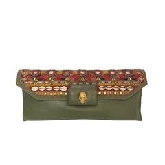  Alexander McQueen Embroidered Olive Green Leather Clutch Gold Skull 