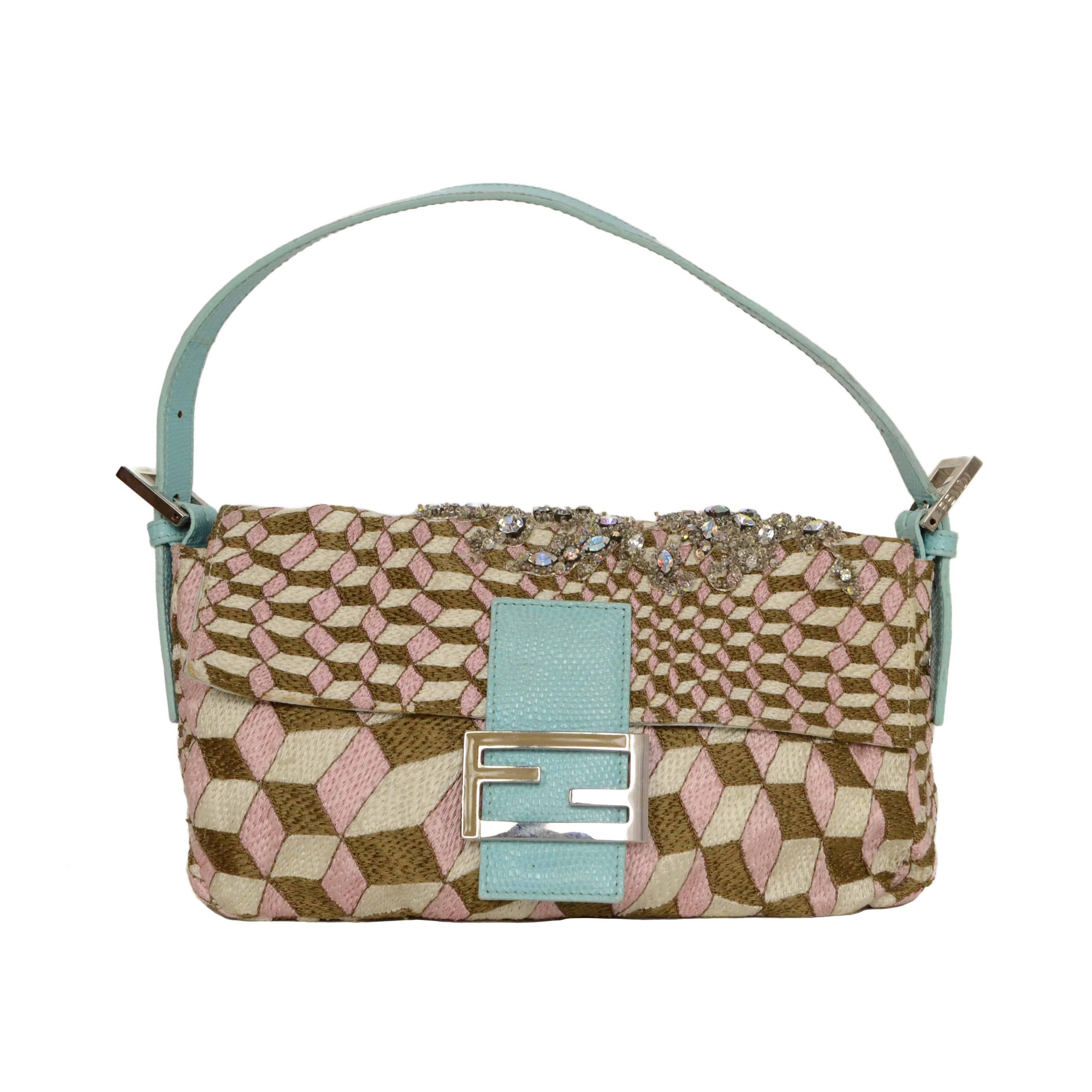 Fendi Embroidered Geometric Print Pochette Bag w/ Jeweled Detail rt. $2, 220 