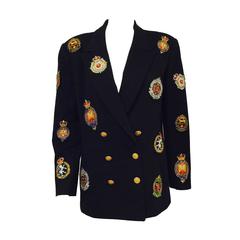Vintage Chanel Boutique Navy Double Breasted Jacket With Coat of Arms Appliques