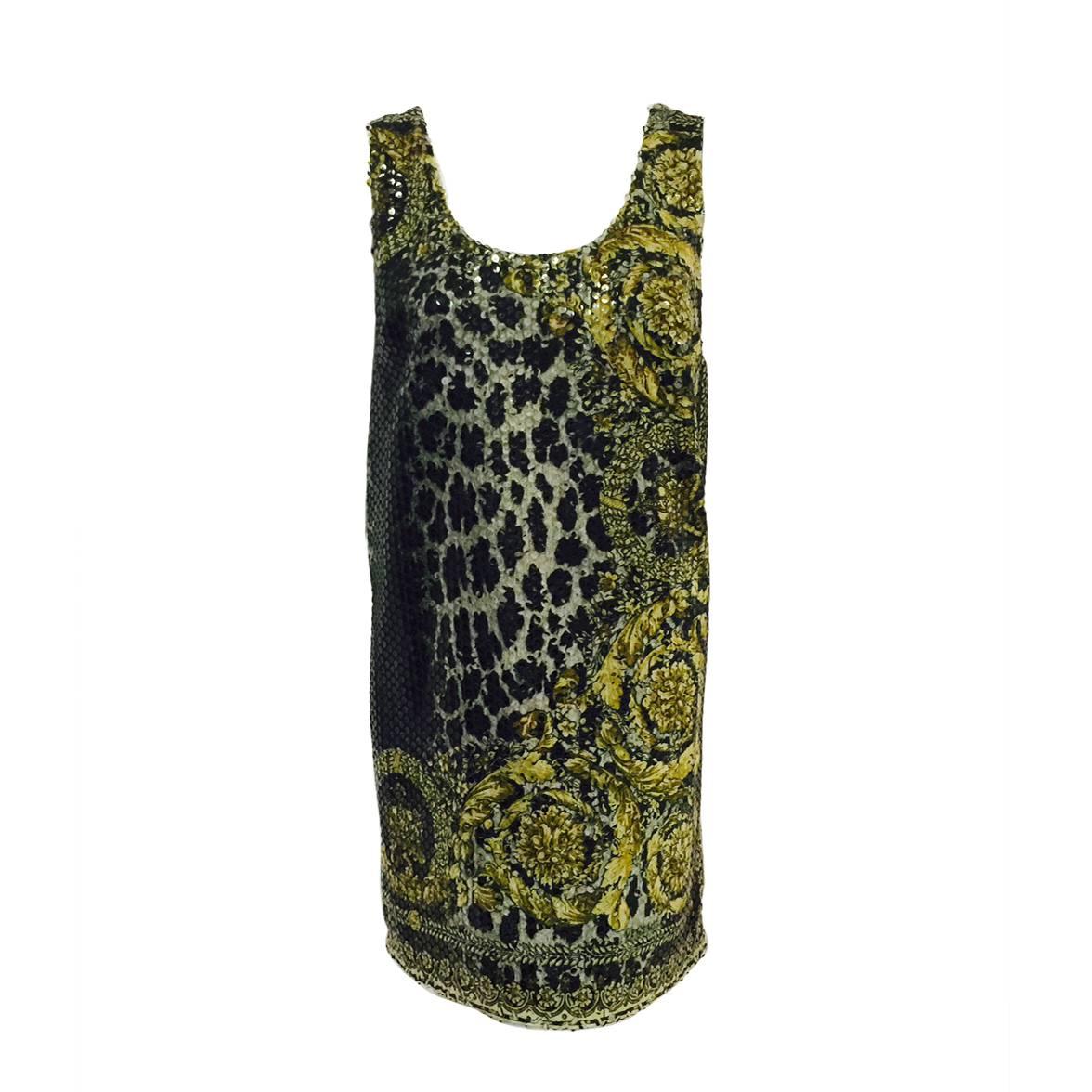 Versace Baroque Print Sleeveless Tunic Dress With Clear Sequins