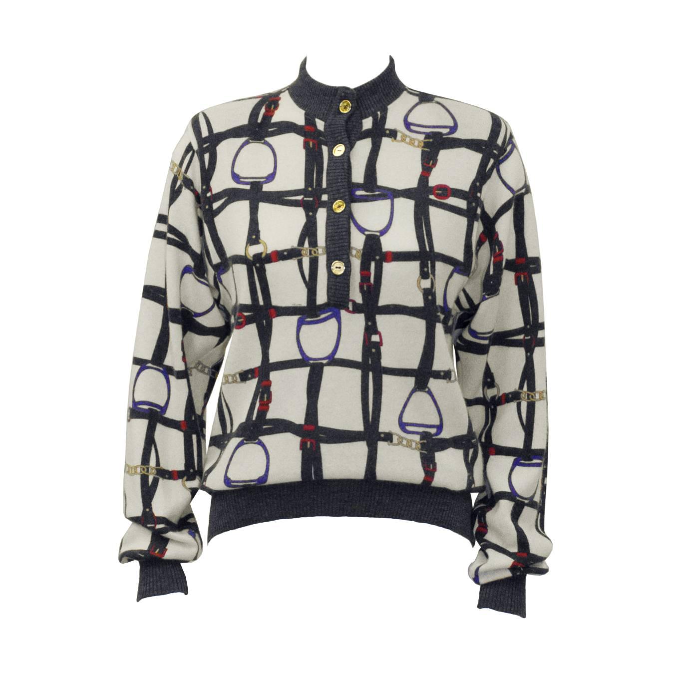 1970's Celine Equestrian Print Cashmere Sweater
