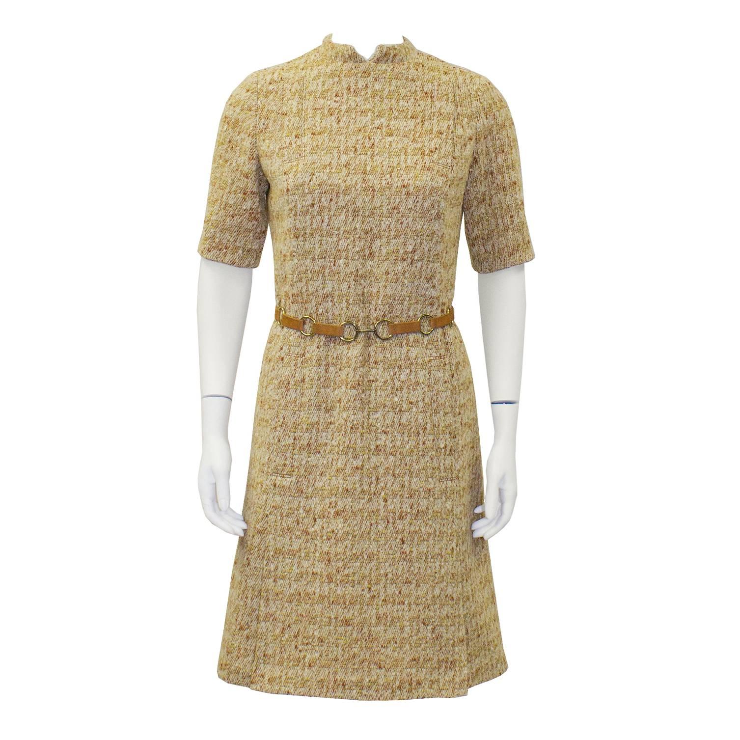 1960's MOD Tweed Dress With  Suede Link Belt  For Sale