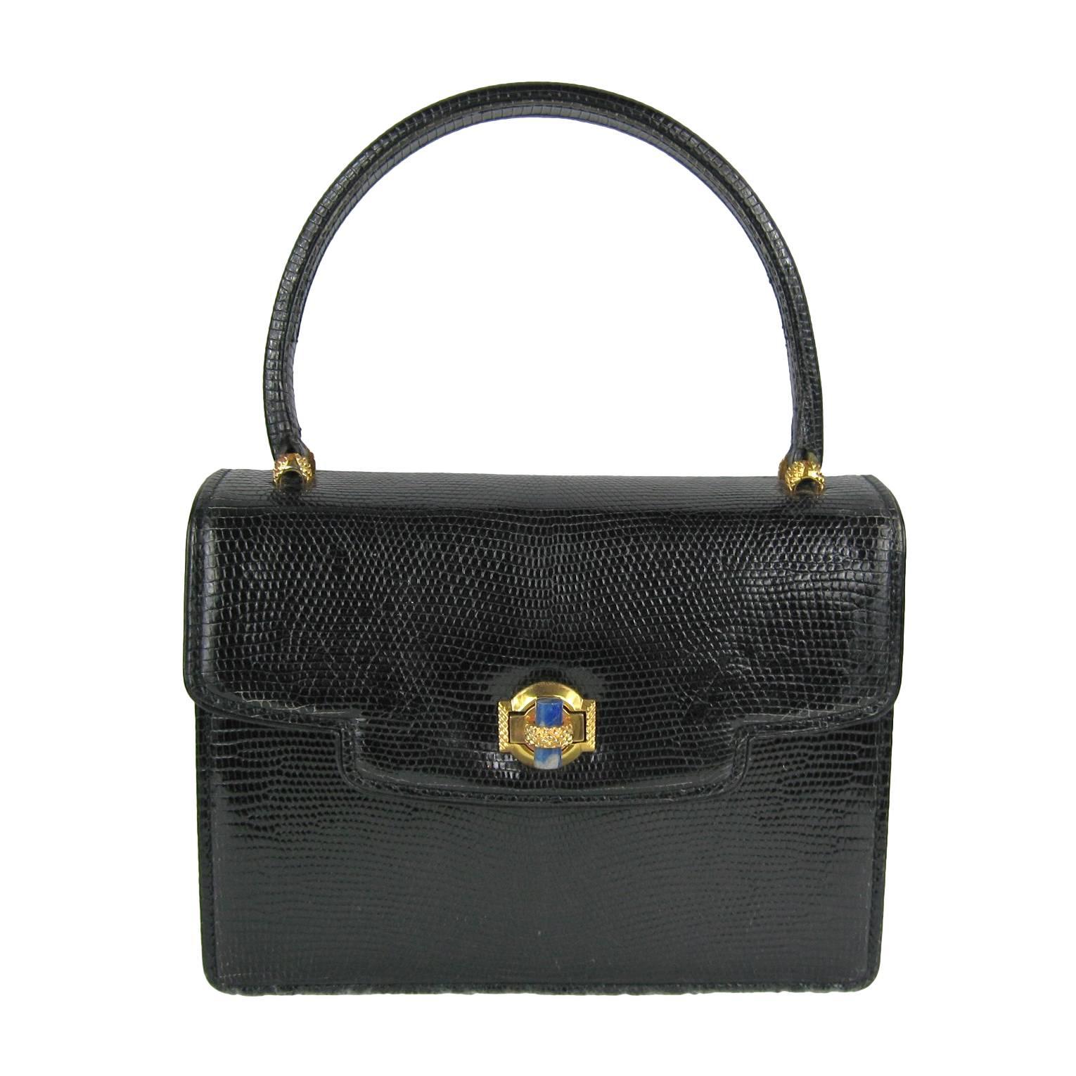 Vintage Gucci 1960s Black Leather Kelly Hand Bag 