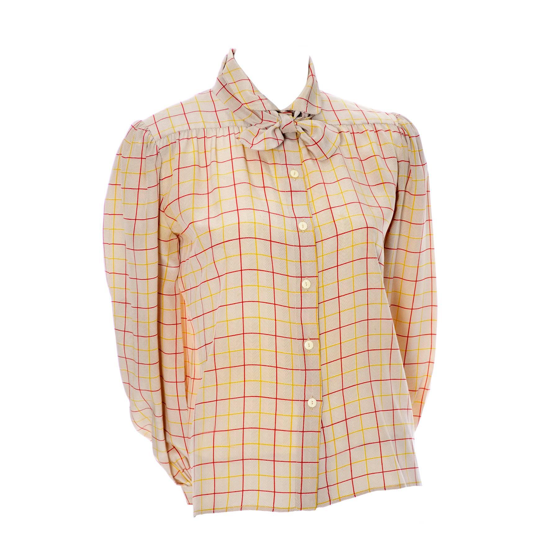 Valentino Vintage Blouse Silk Plaid Italy Bow Top