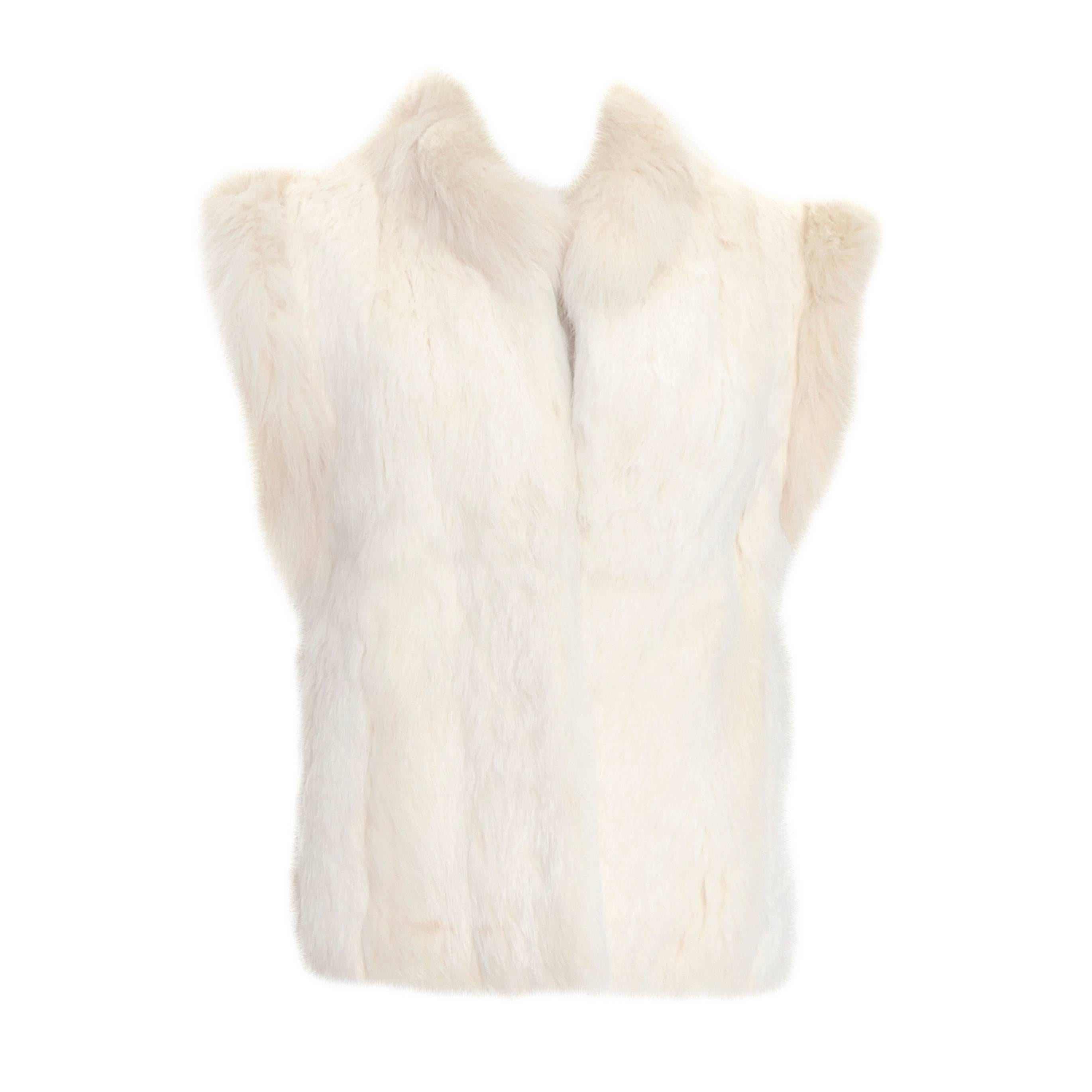 1980s Vintage Ivory Winter White Rabbit Fur Vest With Satin Lining