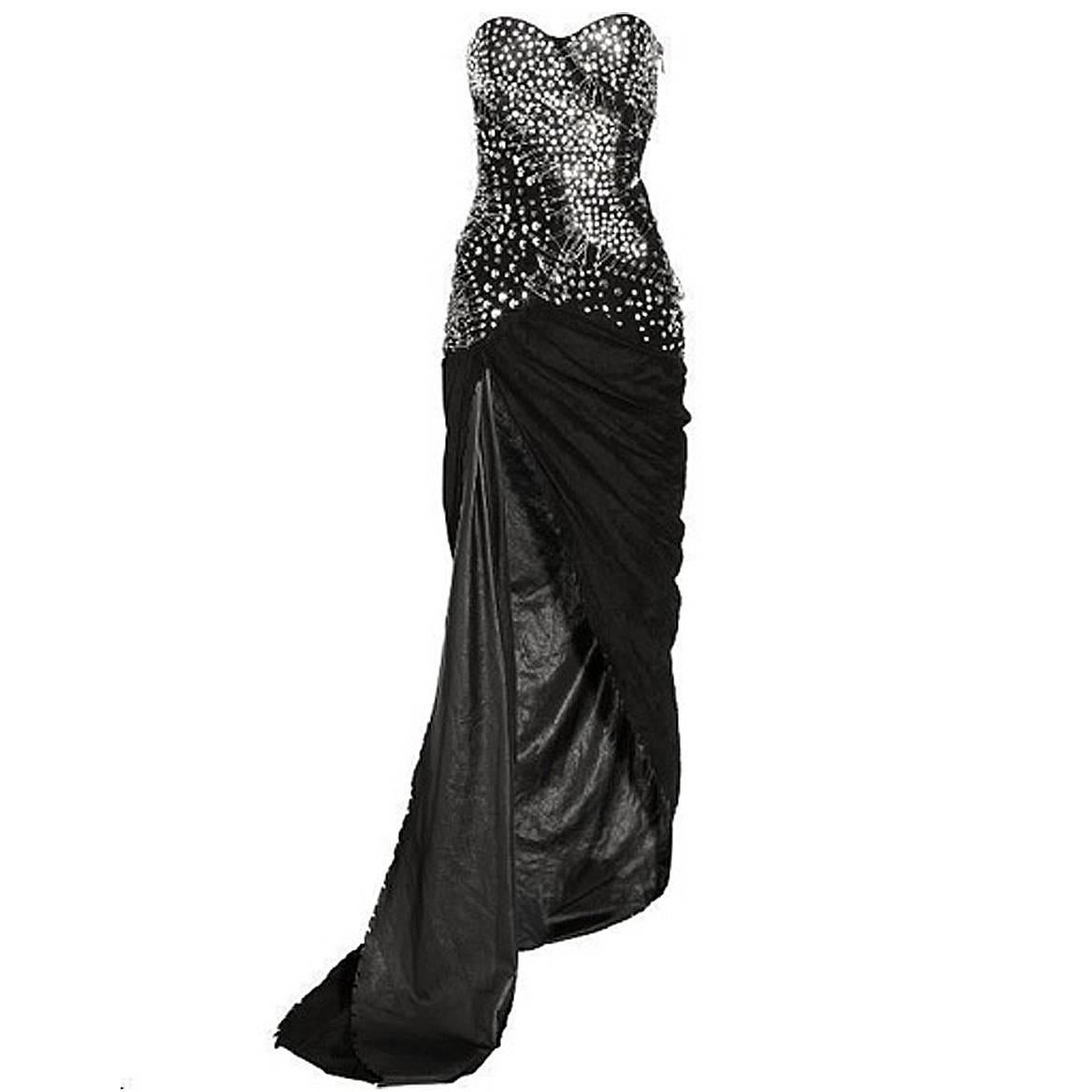 Balmain Jeweled Strapless Safety Pin Thigh High Slit Gown For Sale at