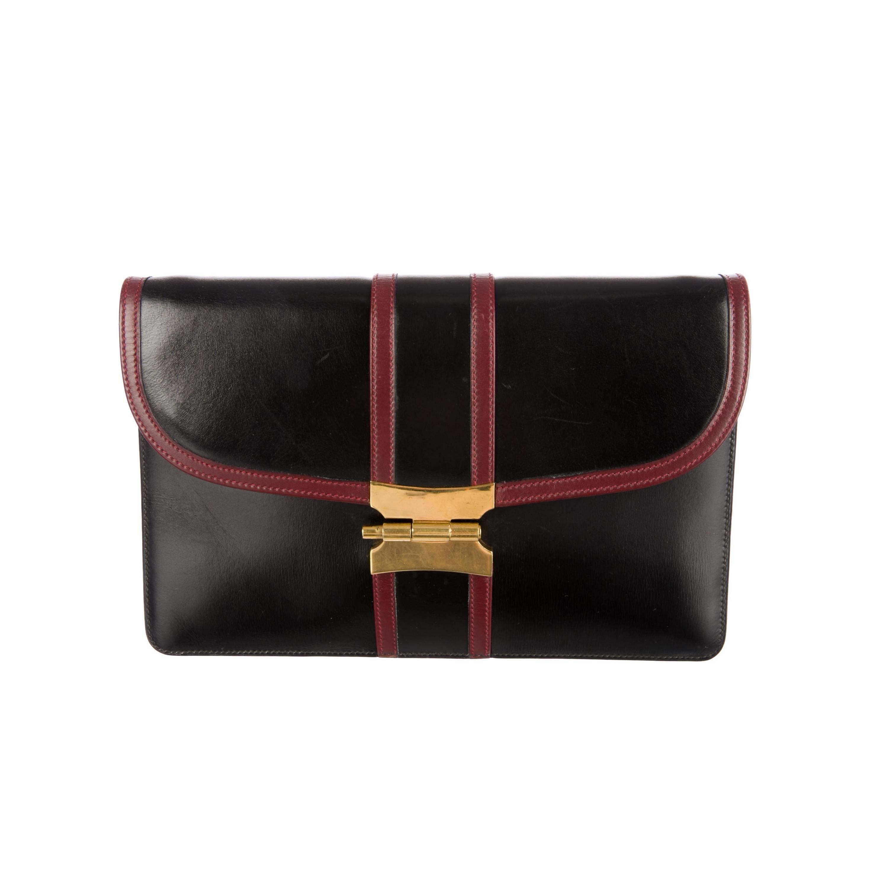 Hermes Black and Red Box Leather Rouge H Flap Envelope Clutch Bag