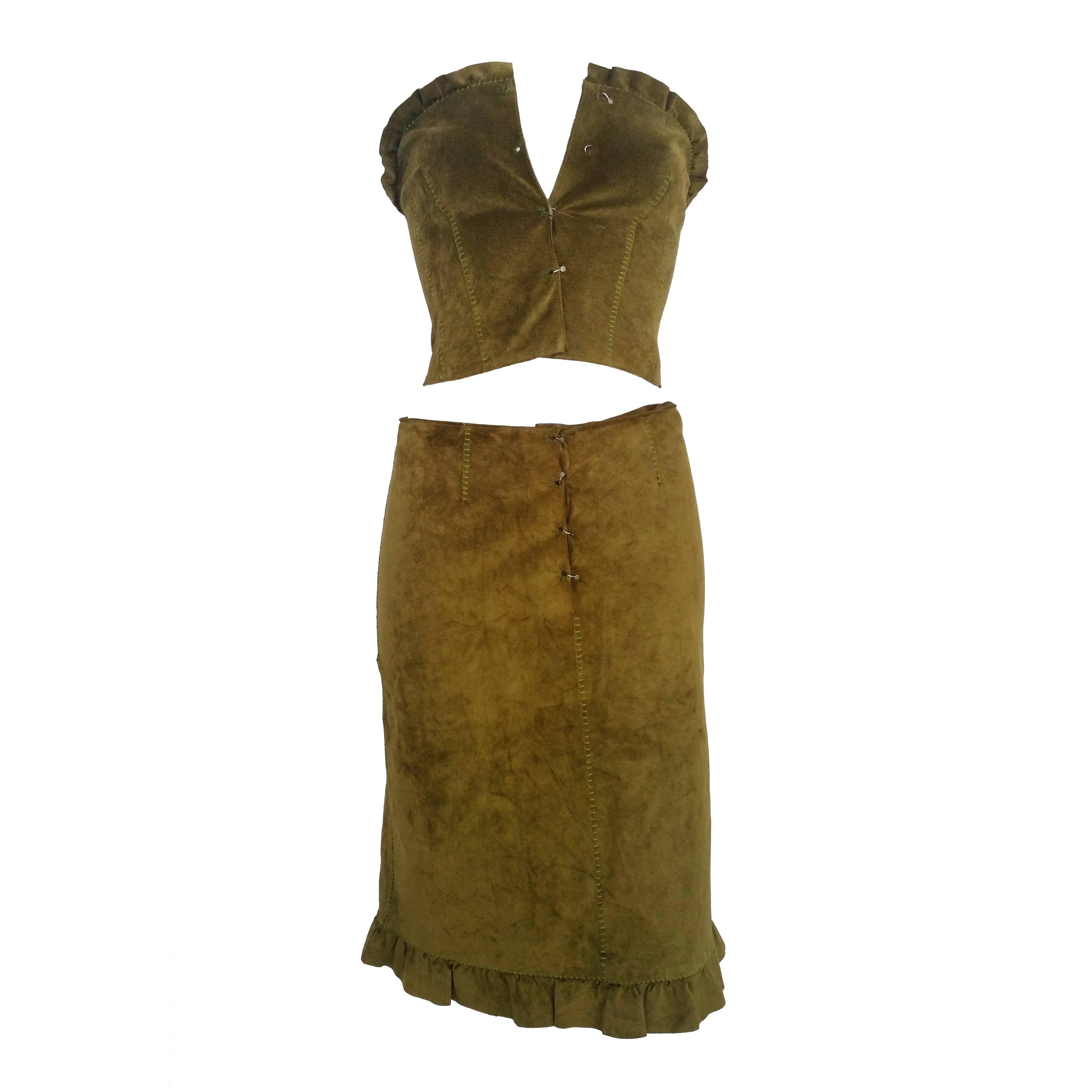 1990s Alberta Ferretti green leather top and skirt