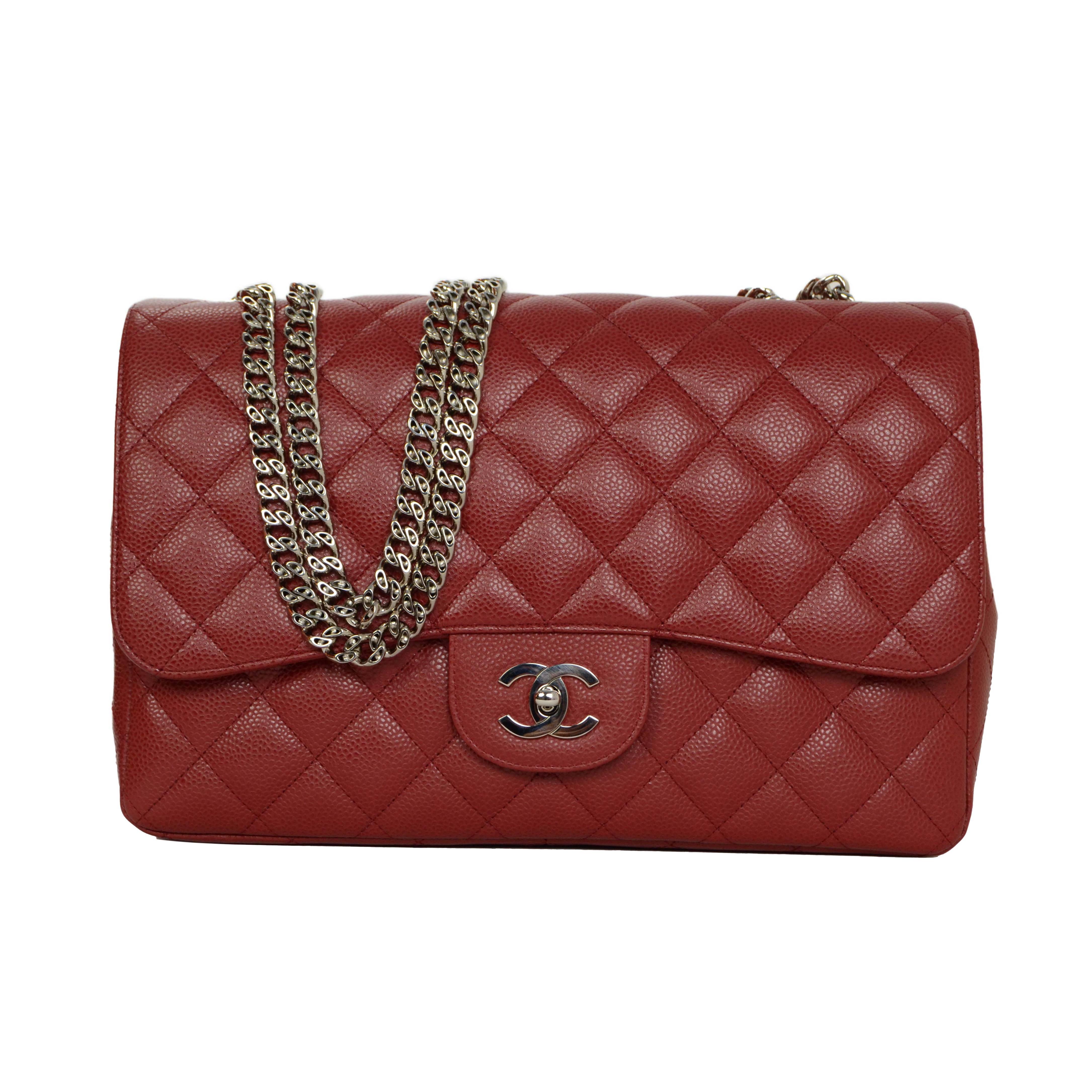 Chanel Red Quilted Caviar Bijoux Jumbo Classic Flap Bag