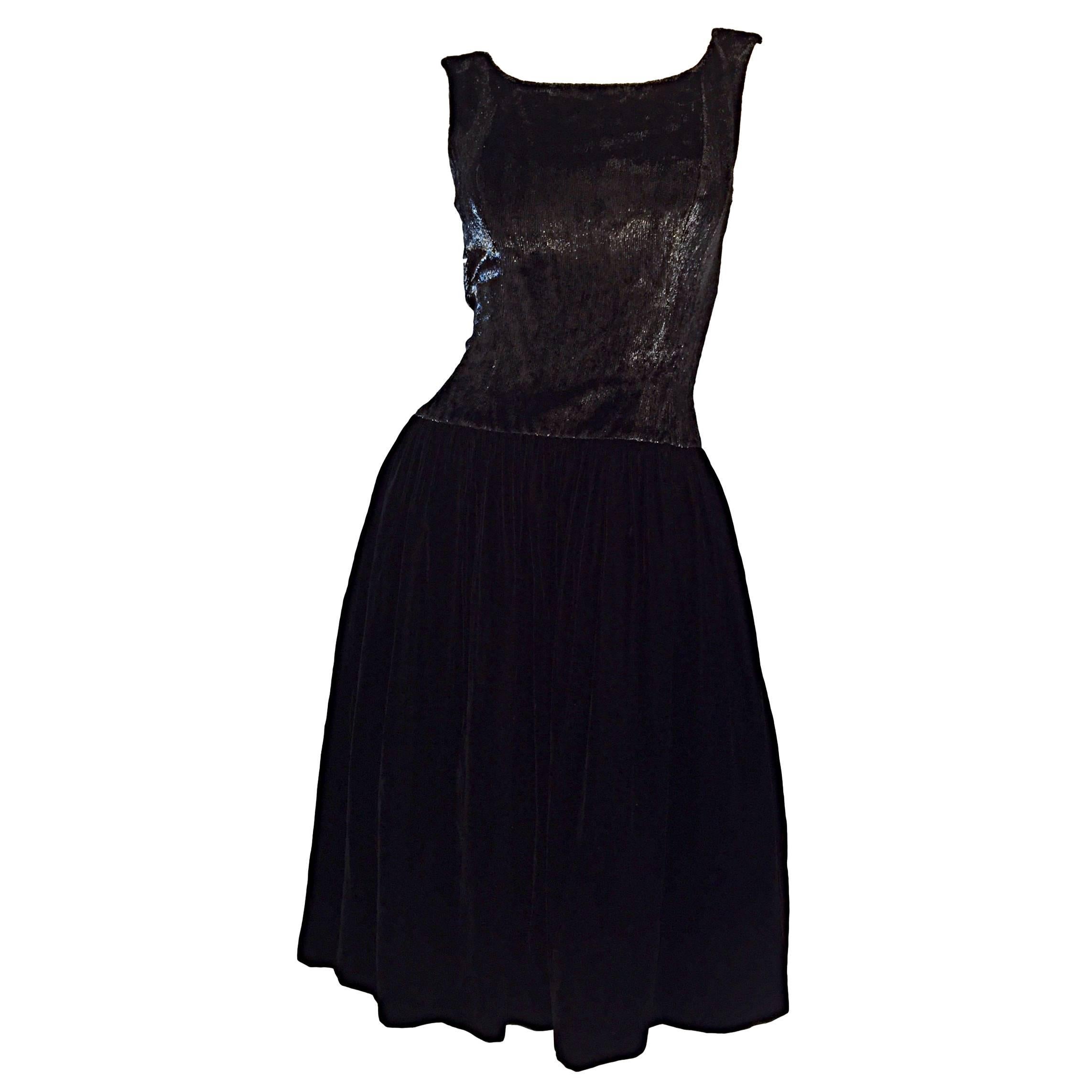 New 1950s Suzy Perette Vintage 50s Black Velvet ' Wet Look ' Cocktail Dress For Sale