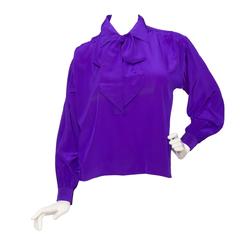 1980s Yves Saint Laurent Rive Gauche Purple Silk Bow Blouse