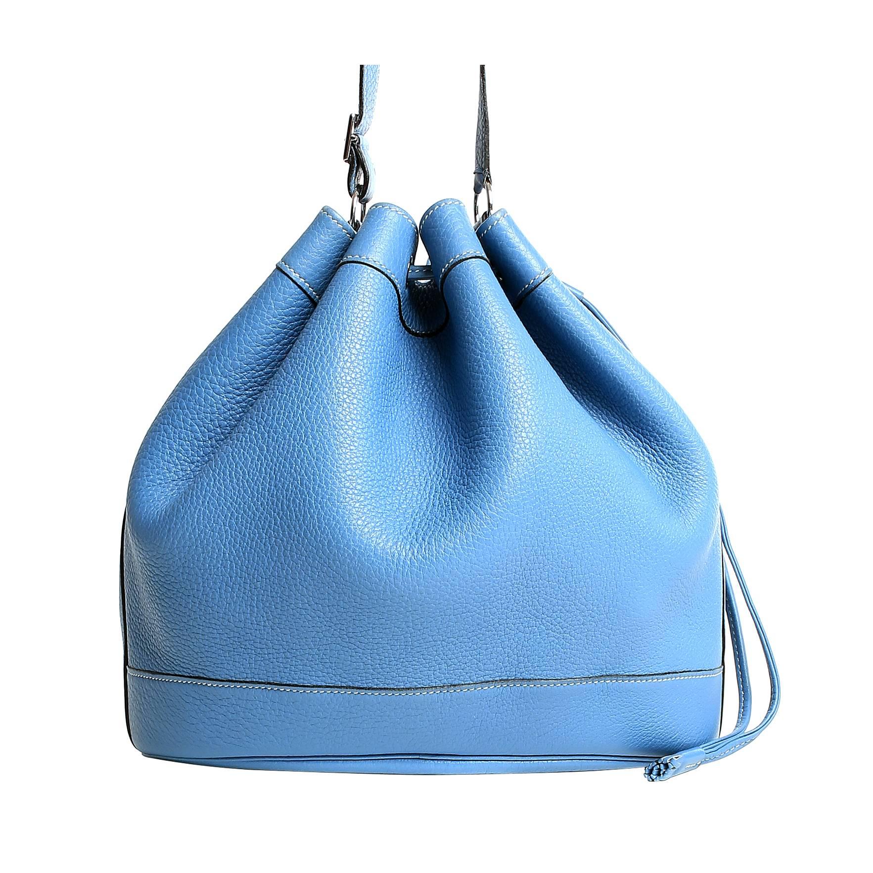 Hermes Blue Jean Clemence Leather Market Bucket Bag For Sale